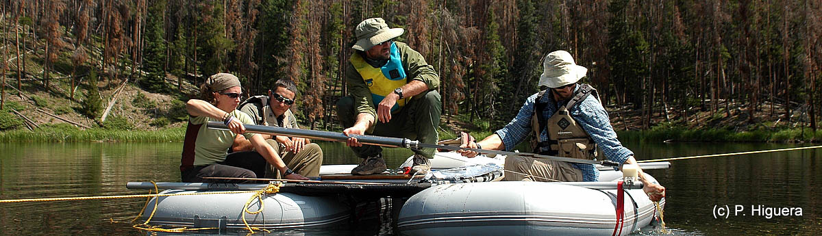Researchers collecting a sediment core from Chickaree Lake, Colorado